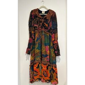 Farm Rio Mixed Leopards Jungle Lace Up Romantic Midi Dress